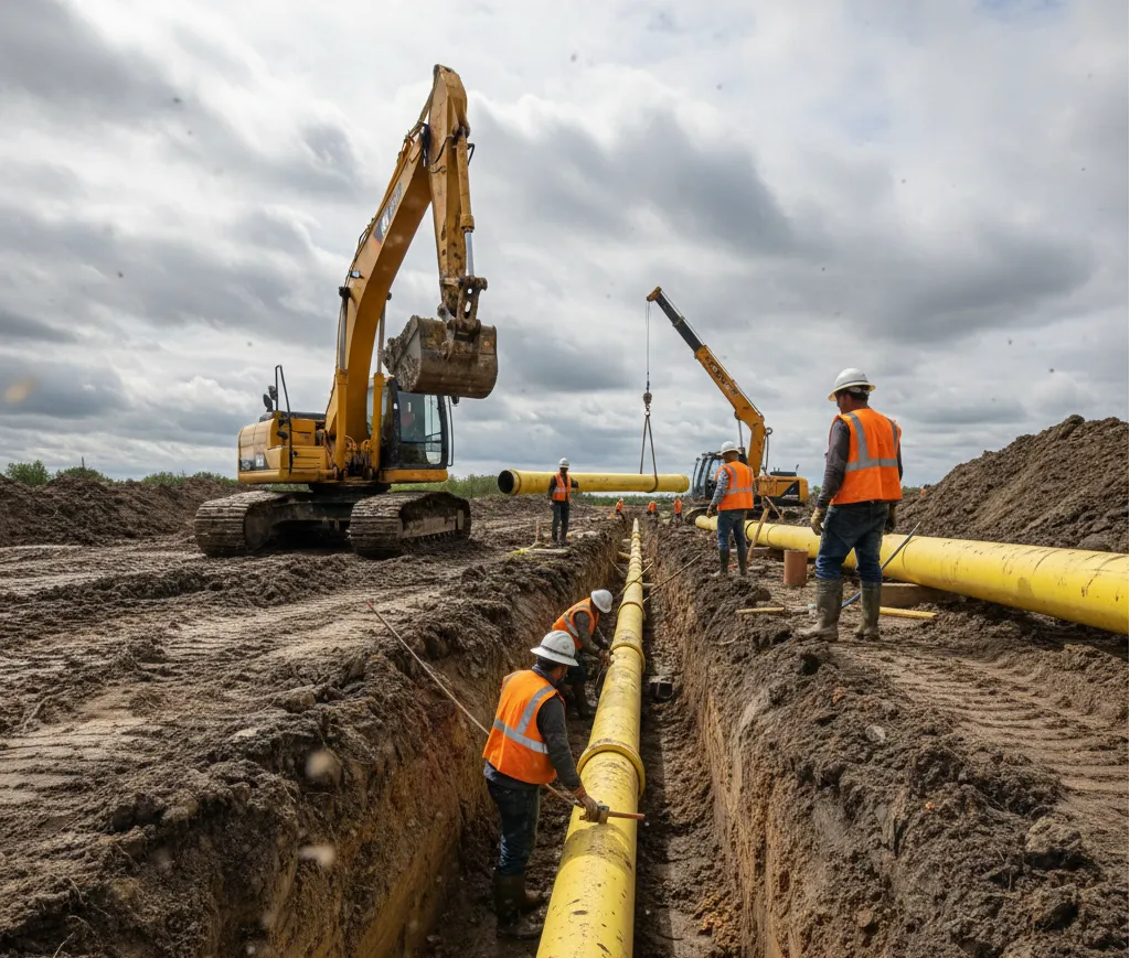 Výkop rýhy pro STL plynovod DN 160 - bagr Caterpillar při pokládce PE potrubí